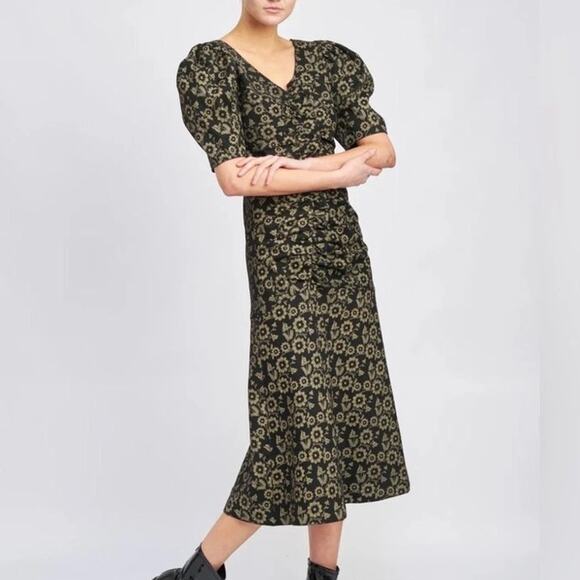 En Saison NWT Black Denim Floral Print Ruffle Puff Sleeve Fit & Flare Midi Dress - Picture 1 of 13